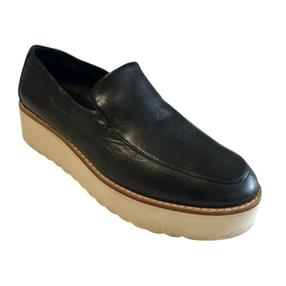 Vince Womens 6.5M Zeta Platform Loafers Leather Black Slip On  Wedge Shoes - Picture 1 of 13
